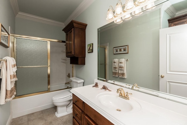 5950 Keith Rd, Lumberton, TX 77657 - bathroom with vanity, toilet, ornamental molding, and combined bath / shower with glass door