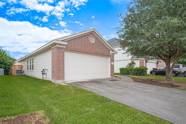 1219 Newsome Glenn Dr, Houston, TX 77090 - view of home's exterior featuring brick siding, a lawn, central AC unit, and concrete driveway