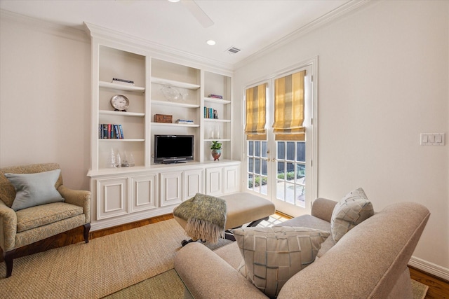 2214 Potomac Dr Unit 2, Houston, TX 77057 - living area with wood finished floors, ornamental molding, ceiling fan, french doors, and baseboards