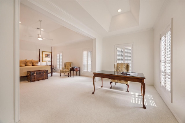 2214 Potomac Dr Unit 2, Houston, TX 77057 - carpeted home office with healthy amount of natural light, a tray ceiling, a ceiling fan, recessed lighting, and ornamental molding