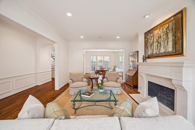 2214 Potomac Dr Unit 2, Houston, TX 77057 - living area with wood finished floors, arched walkways, ornamental molding, recessed lighting, and a high end fireplace
