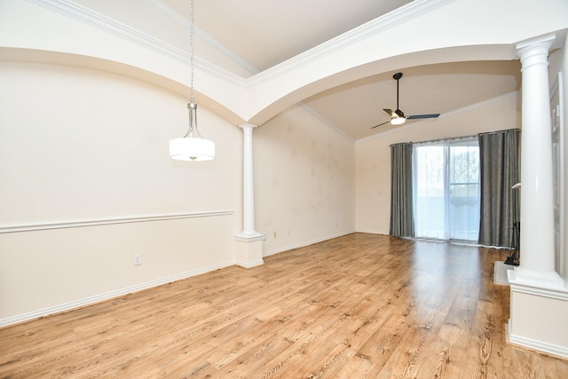 2100 Welch St Unit C305, Houston, TX 77019 - empty room featuring ornate columns, ceiling fan, lofted ceiling, light wood-style flooring, and ornamental molding