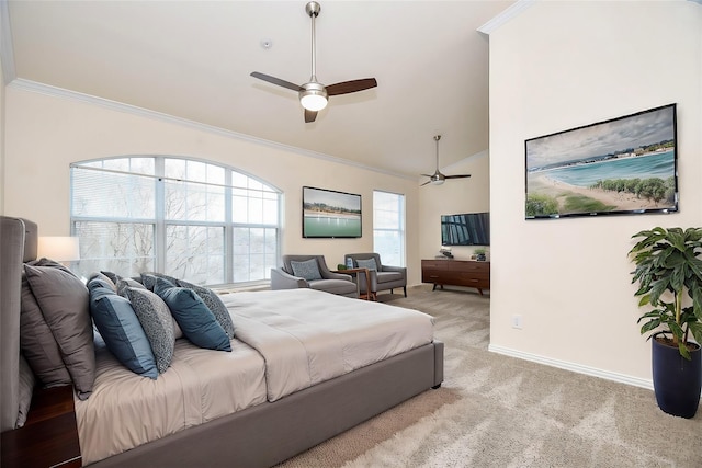 2100 Welch St Unit C305, Houston, TX 77019 - bedroom featuring ornamental molding, carpet, baseboards, ceiling fan, and high vaulted ceiling