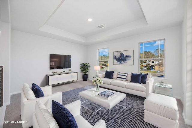 16846 Needlepoint Dr, Conroe, TX 77302 - living area with a tray ceiling, carpet, and plenty of natural light