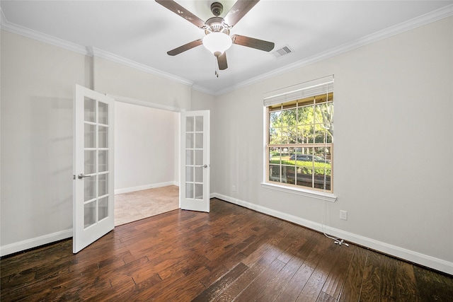 27910 Wedgeoak Ct, Katy, TX 77494 - spare room featuring french doors, ornamental molding, hardwood / wood-style floors, ceiling fan, and baseboards