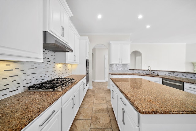 27910 Wedgeoak Ct, Katy, TX 77494 - kitchen featuring a sink, appliances with stainless steel finishes, arched walkways, under cabinet range hood, and ornamental molding