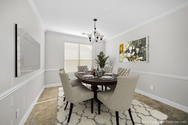 27910 Wedgeoak Ct, Katy, TX 77494 - dining area featuring stone tile flooring, ornamental molding, a chandelier, and baseboards
