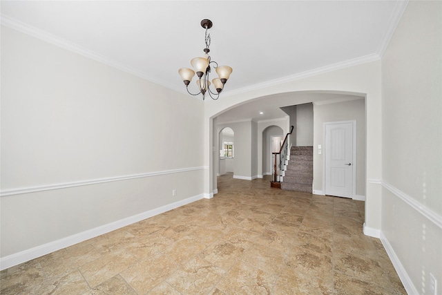 27910 Wedgeoak Ct, Katy, TX 77494 - empty room featuring arched walkways, a chandelier, crown molding, stairs, and baseboards