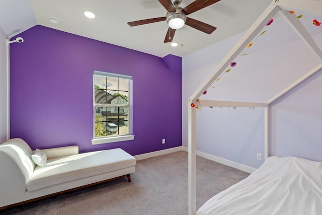 5807 Yango Terrace Ln, Sugar Land, TX 77479 - bedroom with carpet, vaulted ceiling, baseboards, recessed lighting, and ceiling fan