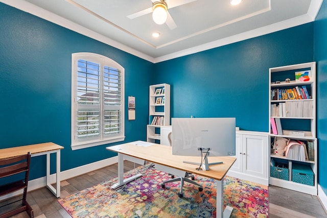 5807 Yango Terrace Ln, Sugar Land, TX 77479 - office area with ceiling fan, wood finished floors, a raised ceiling, recessed lighting, and baseboards