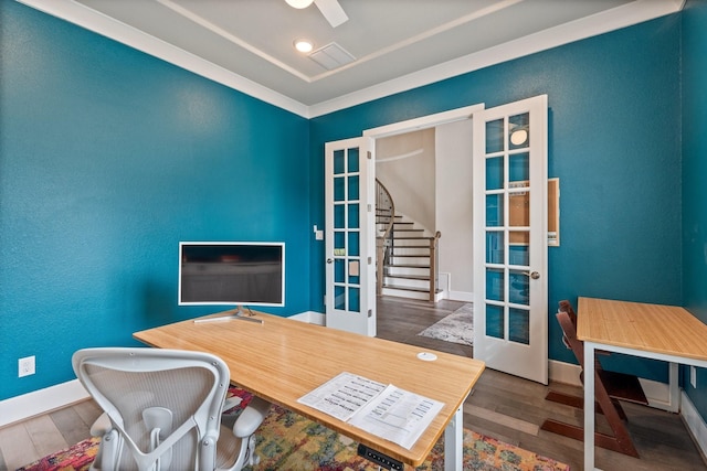 5807 Yango Terrace Ln, Sugar Land, TX 77479 - office space with french doors, wood finished floors, baseboards, and ceiling fan