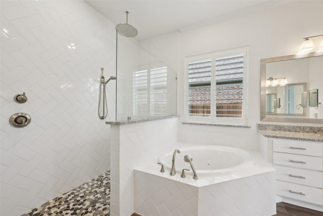 25306 Hollowgate Park Ln, Tomball, TX 77375 - bathroom featuring a bath, vanity, and a walk in shower
