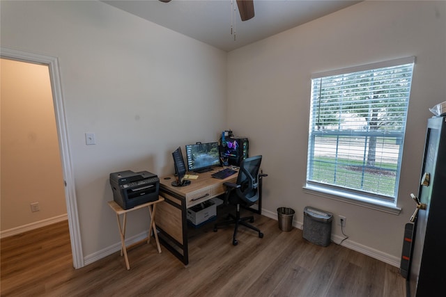 3017 Cambridge Meadows Ln, Dickinson, TX 77539 - office space featuring wood finished floors, a ceiling fan, and baseboards