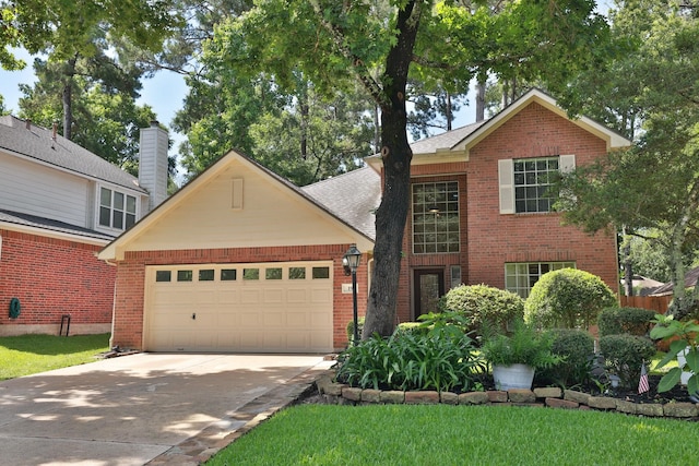 19 Almond Branch Pl, The Woodlands, TX 77382 - traditional-style house with brick siding, concrete driveway, a garage, and a front lawn