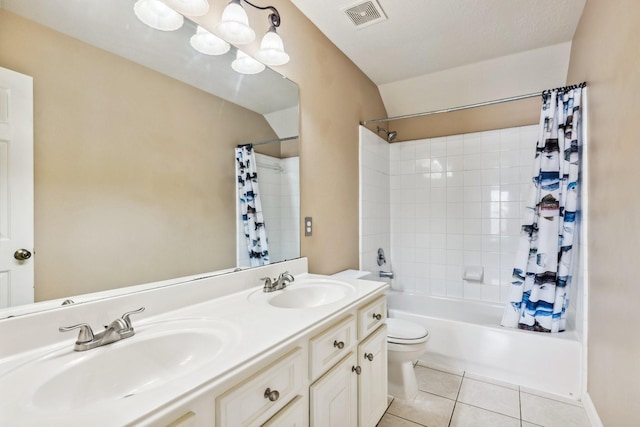 19 Almond Branch Pl, The Woodlands, TX 77382 - bathroom featuring shower / bath combo with shower curtain, toilet, tile patterned flooring, and double vanity