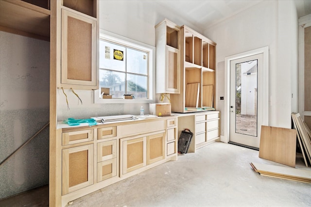 830 Azalea St, Houston, TX 77018 - kitchen featuring light brown cabinets, light countertops, open shelves, concrete flooring, and an office area