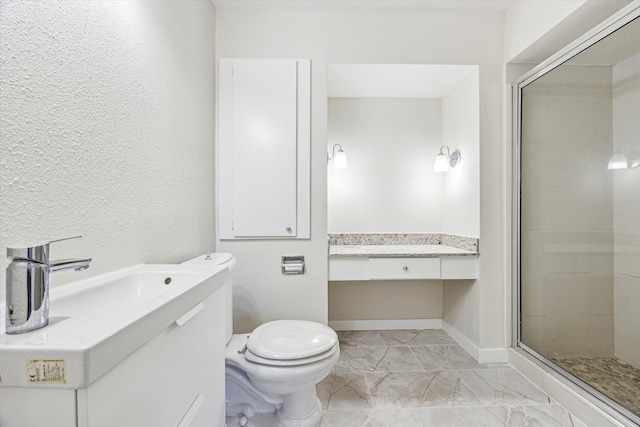 4040 San Felipe St Unit 246, Houston, TX 77027 - bathroom featuring vanity, toilet, a shower stall, and marble finish floors