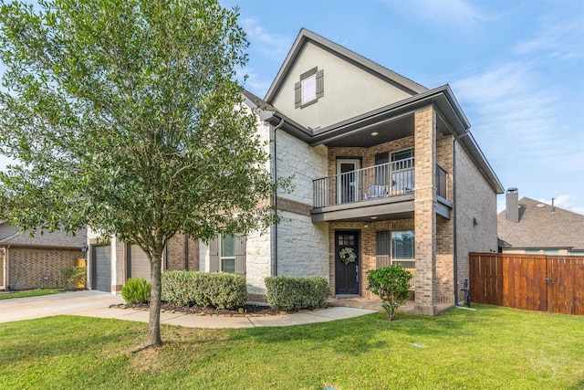 5106 Green Leaf Ln, Fulshear, TX 77441 - view of front of property featuring a balcony, driveway, stone siding, a garage, and brick siding