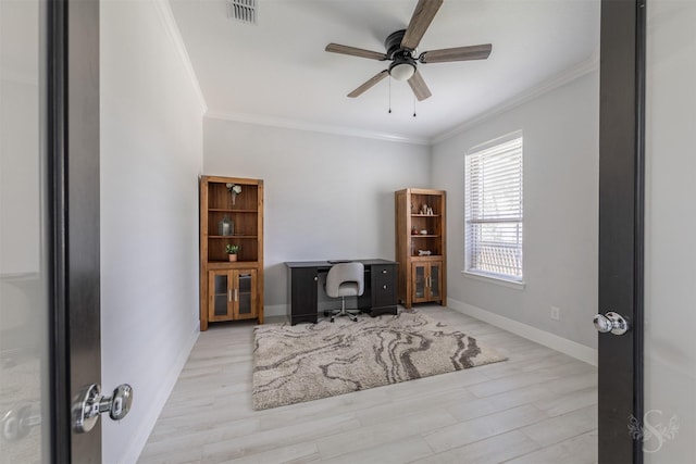 5106 Green Leaf Ln, Fulshear, TX 77441 - office featuring crown molding, wood finished floors, a ceiling fan, and baseboards