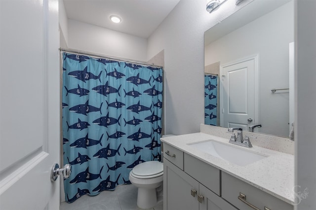 5106 Green Leaf Ln, Fulshear, TX 77441 - bathroom featuring vanity, toilet, tile patterned floors, and curtained shower