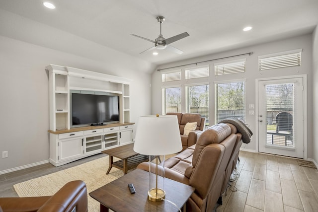 229 N Bearkat Ct, Montgomery, TX 77316 - living area featuring ceiling fan, plenty of natural light, wood finished floors, baseboards, and recessed lighting