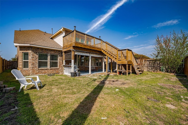 11202 Bluewater Lagoon Cir, Cypress, TX 77433 - back of house featuring a deck, stairway, a patio, a shingled roof, and brick siding