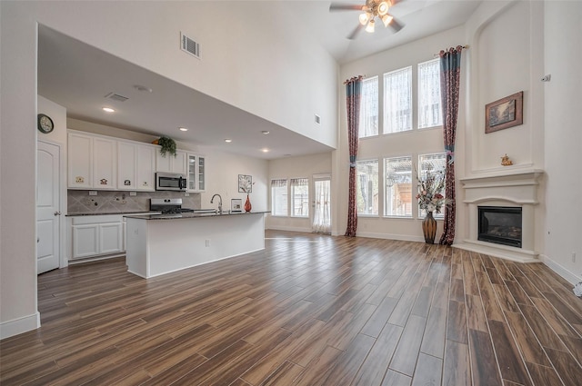 11202 Bluewater Lagoon Cir, Cypress, TX 77433 - kitchen featuring stainless steel appliances, open floor plan, a towering ceiling, a ceiling fan, and white cabinetry