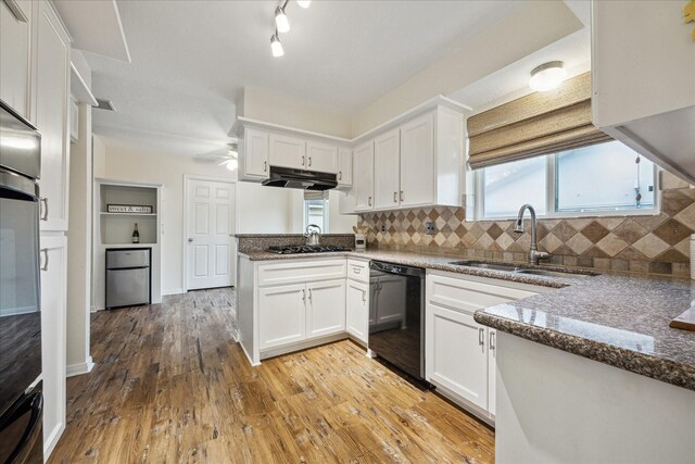 507 Williamsport St, League City, TX 77573 - kitchen featuring dishwasher, a sink, white cabinets, light wood-style floors, and under cabinet range hood