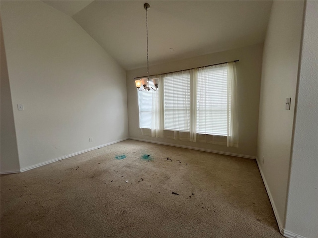 31909 Mckinley Run Dr, Hockley, TX 77447 - unfurnished dining area featuring carpet floors, lofted ceiling, a chandelier, and baseboards