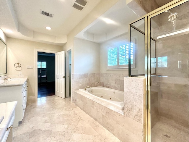 6021 Valley Forge Dr, Houston, TX 77057 - full bathroom with vanity, a tub with jets, a shower stall, plenty of natural light, and recessed lighting