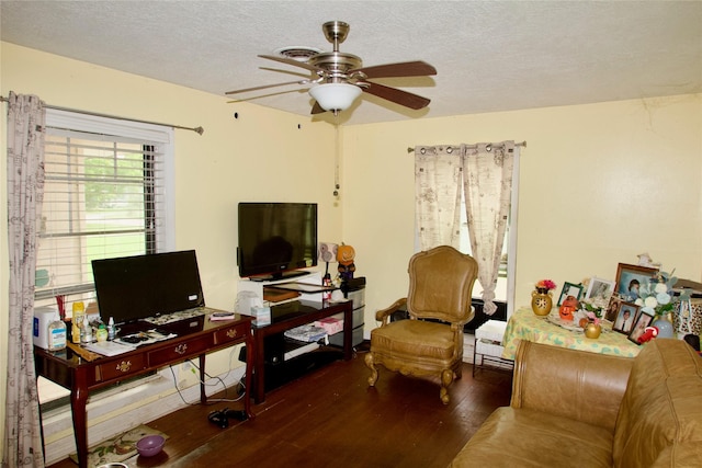 10406 Broadstairs St, Houston, TX 77013 - living area with wood finished floors, a ceiling fan, and a textured ceiling