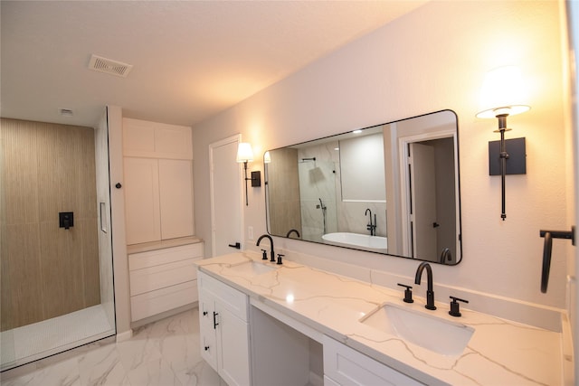 7707 Kempsey Ln, Houston, TX 77040 - bathroom with walk in shower, double vanity, and marble finish flooring