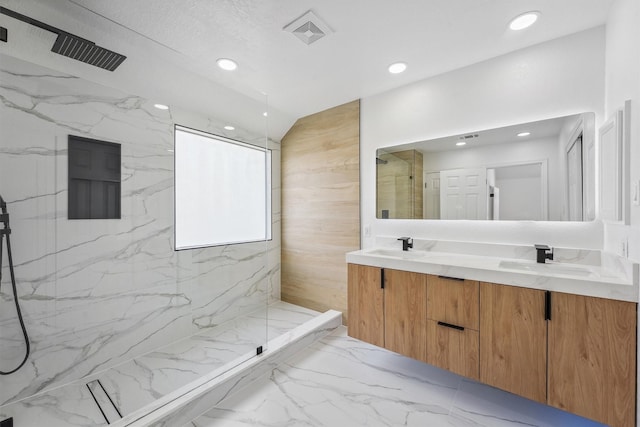 16739 Innisbrook Dr, Houston, TX 77095 - full bathroom featuring a marble finish shower, double vanity, marble finish floors, and recessed lighting