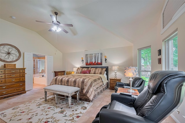 13719 Highland Cove Dr, Houston, TX 77070 - bedroom with ensuite bathroom, a ceiling fan, high vaulted ceiling, and light tile patterned flooring