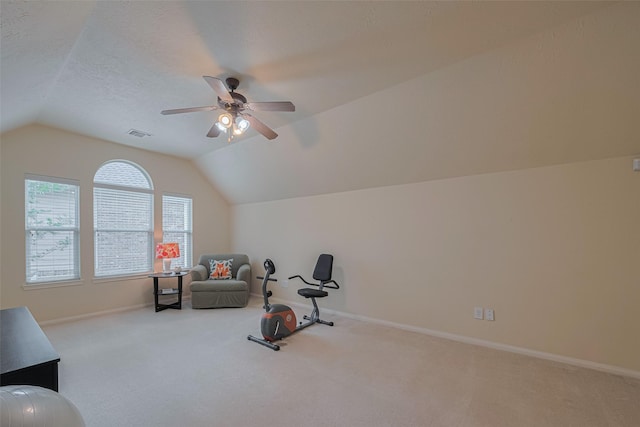 13719 Highland Cove Dr, Houston, TX 77070 - workout room with lofted ceiling, carpet, baseboards, and a ceiling fan