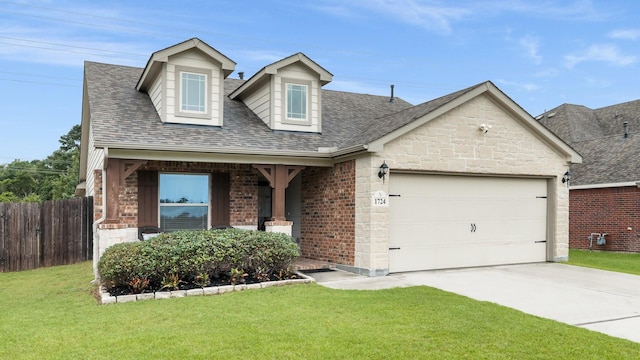 1724 Wandering Hills Rd, Conroe, TX 77304 - view of front of house featuring a shingled roof, a garage, brick siding, concrete driveway, and stone siding