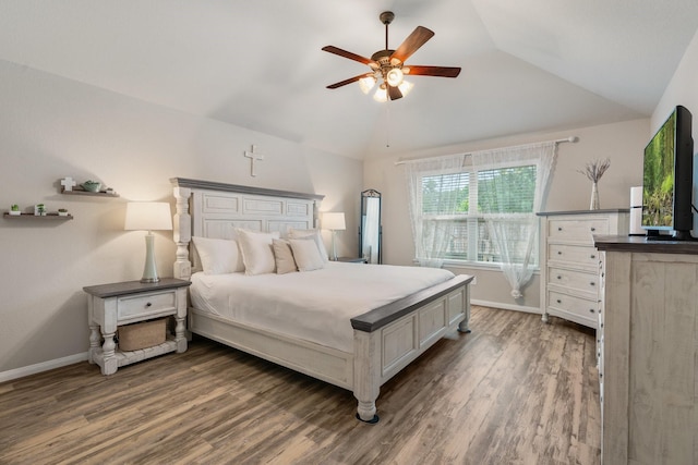 1724 Wandering Hills Rd, Conroe, TX 77304 - bedroom featuring lofted ceiling, wood finished floors, baseboards, and a ceiling fan