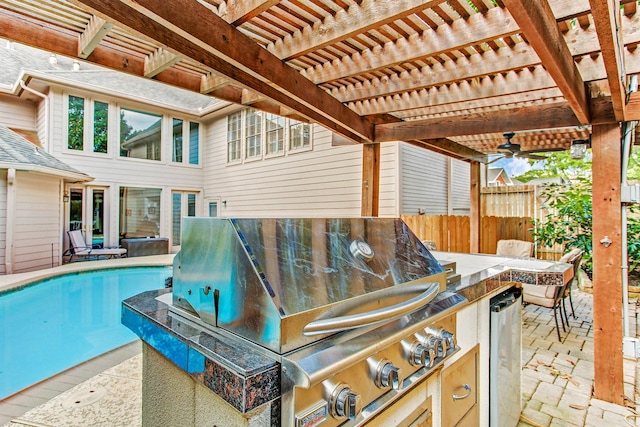 12203 Maple Rock Dr, Houston, TX 77077 - view of patio featuring ceiling fan, a pergola, and an outdoor pool