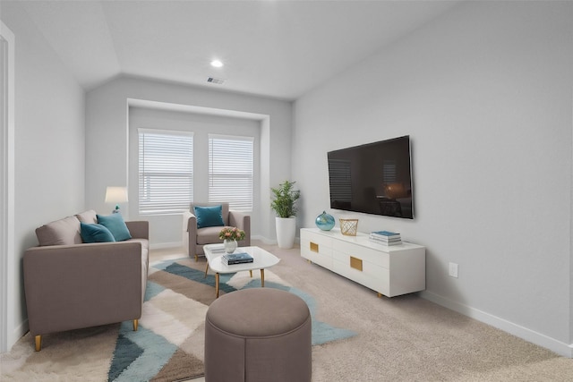 6630 Old Cypress Landing Ln, Humble, TX 77338 - living room featuring carpet flooring, baseboards, and lofted ceiling
