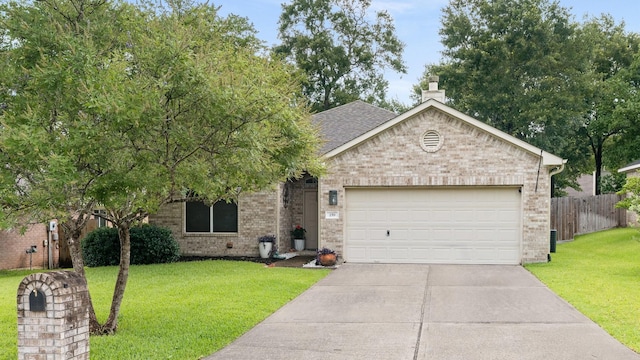 259 Adobe Ter S, Conroe, TX 77316 - view of front of property with brick siding, driveway, a garage, a chimney, and roof with shingles
