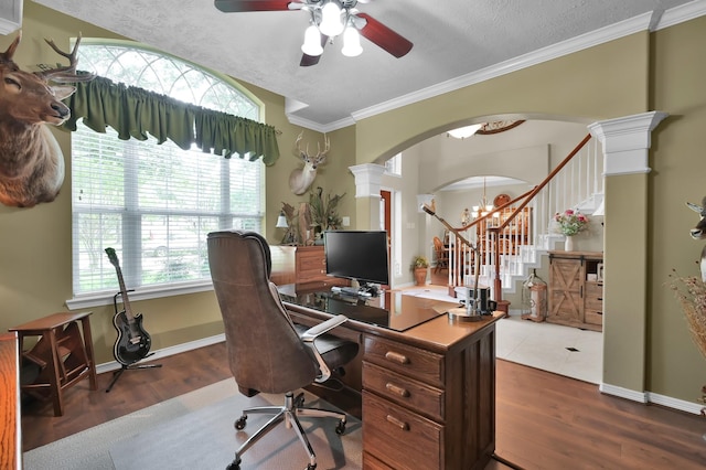 17419 Crescent Canyon Dr, Houston, TX 77095 - office space featuring arched walkways, decorative columns, ceiling fan, wood finished floors, and crown molding