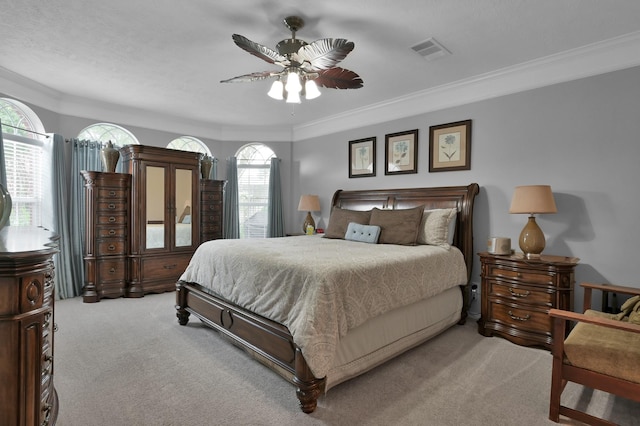17419 Crescent Canyon Dr, Houston, TX 77095 - bedroom with light colored carpet, crown molding, and ceiling fan