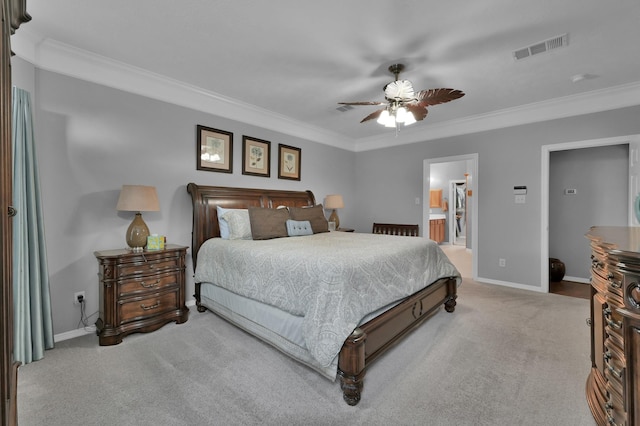 17419 Crescent Canyon Dr, Houston, TX 77095 - carpeted bedroom featuring crown molding, baseboards, connected bathroom, and a ceiling fan