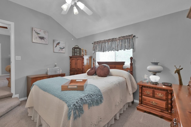 17419 Crescent Canyon Dr, Houston, TX 77095 - bedroom featuring light colored carpet, lofted ceiling, baseboards, and a ceiling fan