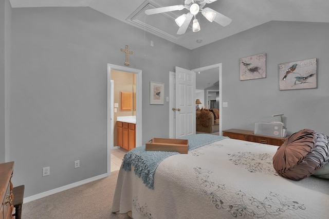 17419 Crescent Canyon Dr, Houston, TX 77095 - bedroom with attic access, vaulted ceiling, light carpet, ensuite bathroom, and a ceiling fan