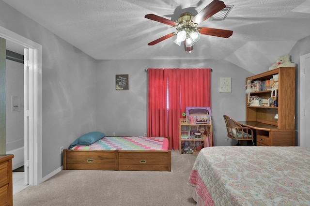 17419 Crescent Canyon Dr, Houston, TX 77095 - carpeted bedroom featuring vaulted ceiling and a ceiling fan