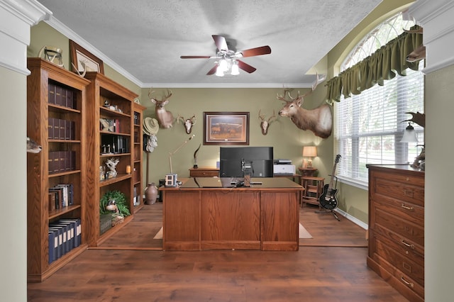 17419 Crescent Canyon Dr, Houston, TX 77095 - office featuring ceiling fan, dark wood finished floors, a textured ceiling, and crown molding
