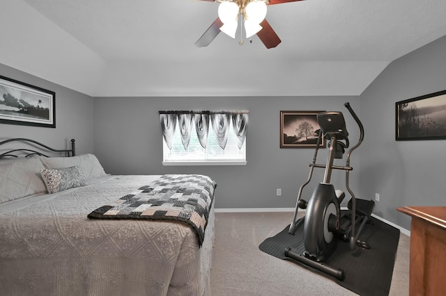 17419 Crescent Canyon Dr, Houston, TX 77095 - bedroom featuring vaulted ceiling, carpet floors, baseboards, and ceiling fan