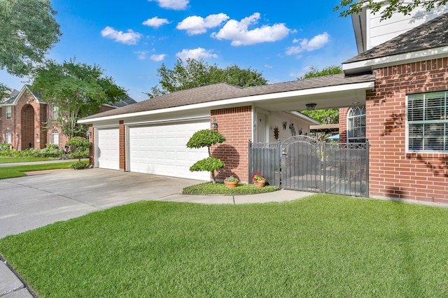 17419 Crescent Canyon Dr, Houston, TX 77095 - view of side of property with brick siding, concrete driveway, a garage, a gate, and a shingled roof