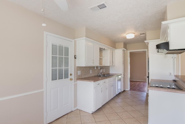 12503 Tall Forest Dr, Cypress, TX 77429 - kitchen with ventilation hood, a sink, electric stovetop, white cabinets, and a textured ceiling